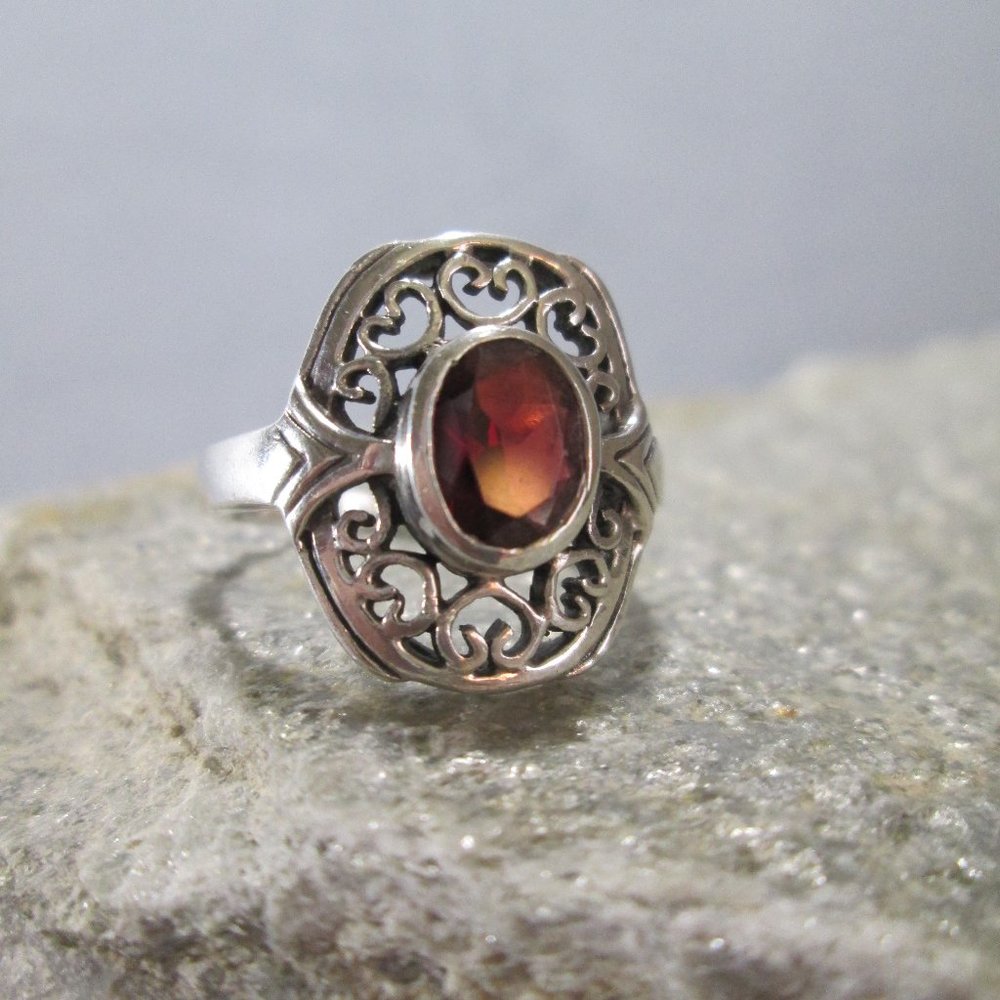 Artisan Oval Cut Garnet Ring, Sterling Silver Sz 8 - Picture 3 of 9